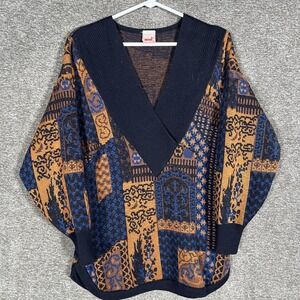 Vintage Mondi Sweater Womens Medium Blue Brown Abstract Knit West Germany 80s